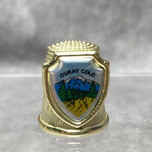 Vintage Goldtone Souvenir Thimble With Ouray Colo. Enamel Shield Design